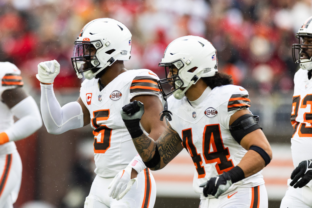 Oct 15, 2023; Cleveland, Ohio, USA; Cleveland Browns linebacker Anthony Walker Jr. (5) and linebacker Sione Takitaki (44) celebrate a missed field goal by the San Francisco 49ers during the first quarter at Cleveland Browns Stadium.
