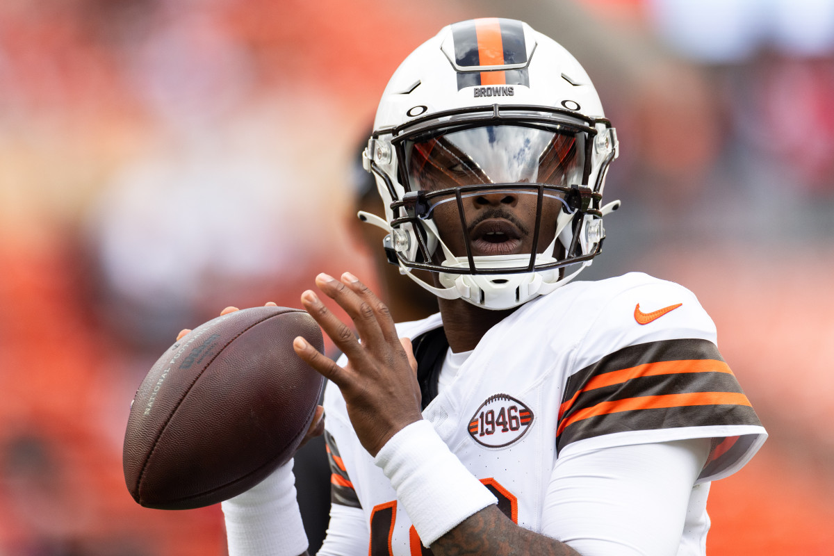 Oct 15, 2023; Cleveland, Ohio, USA; Cleveland Browns quarterback PJ Walker (10) throws the ball during warm ups before the game against the San Francisco 49ers at Cleveland Browns Stadium.
