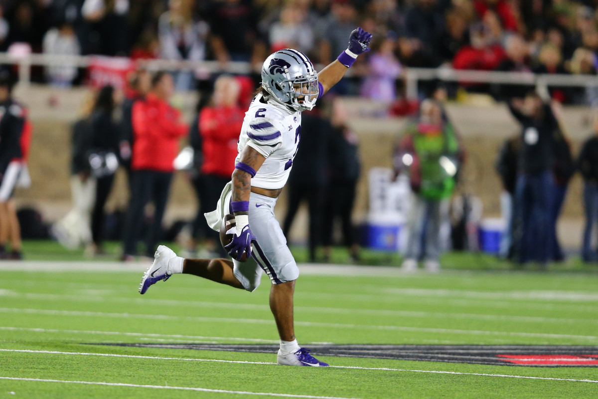 Oct 14, 2023; Lubbock, Texas, USA; Kansas State Wildcats defensive safety Kobe Savage (2) reacts after intercepting a pass against the Texas Tech Red Raiders in the second half at Jones AT&T Stadium and Cody Campbell Field. 