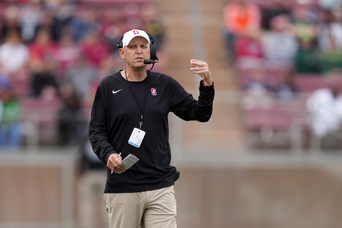 Sep 30, 2023; Stanford, California, USA; Stanford Cardinal head coach Troy Taylor gestures during the second quarter against the Oregon Ducks at Stanford Stadium. Mandatory Credit: Darren Yamashita-USA TODAY Sports