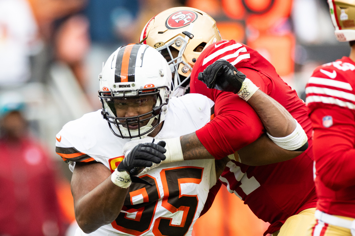 Oct 15, 2023; Cleveland, Ohio, USA; Cleveland Browns defensive end Myles Garrett (95) is blocked by San Francisco 49ers offensive tackle Trent Williams (71) during the third quarter at Cleveland Browns Stadium.