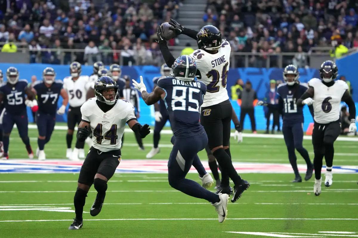 Geno Stone (26) leads the Baltimore Ravens with three interceptions.