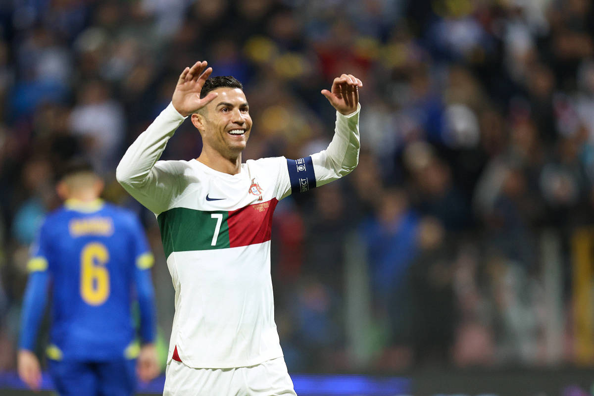 Portugal captain Cristiano Ronaldo pictured celebrating a goal during his team's 5-0 win over Bosnia and Herzegovina in October 2023