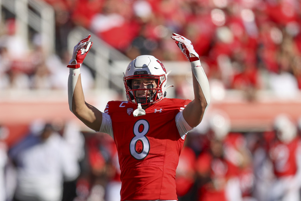 Sep 23, 2023; Salt Lake City, Utah, USA; Utah Utes safety Cole Bishop (8) encourages the fans to cheer during a third down against the UCLA Bruins in the fourth at Rice-Eccles Stadium. Mandatory Credit: Rob Gray-USA TODAY Sports