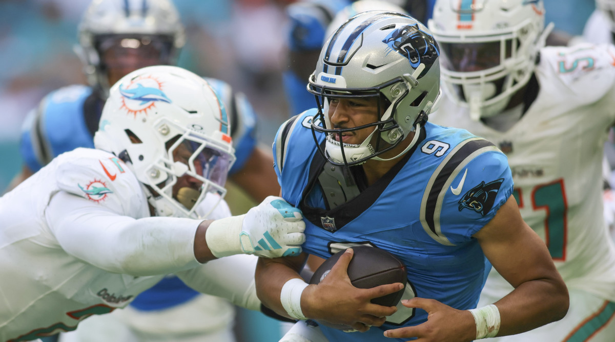 Panthers quarterback Bryce Young is sacked by Dolphins linebacker Bradley Chubb
