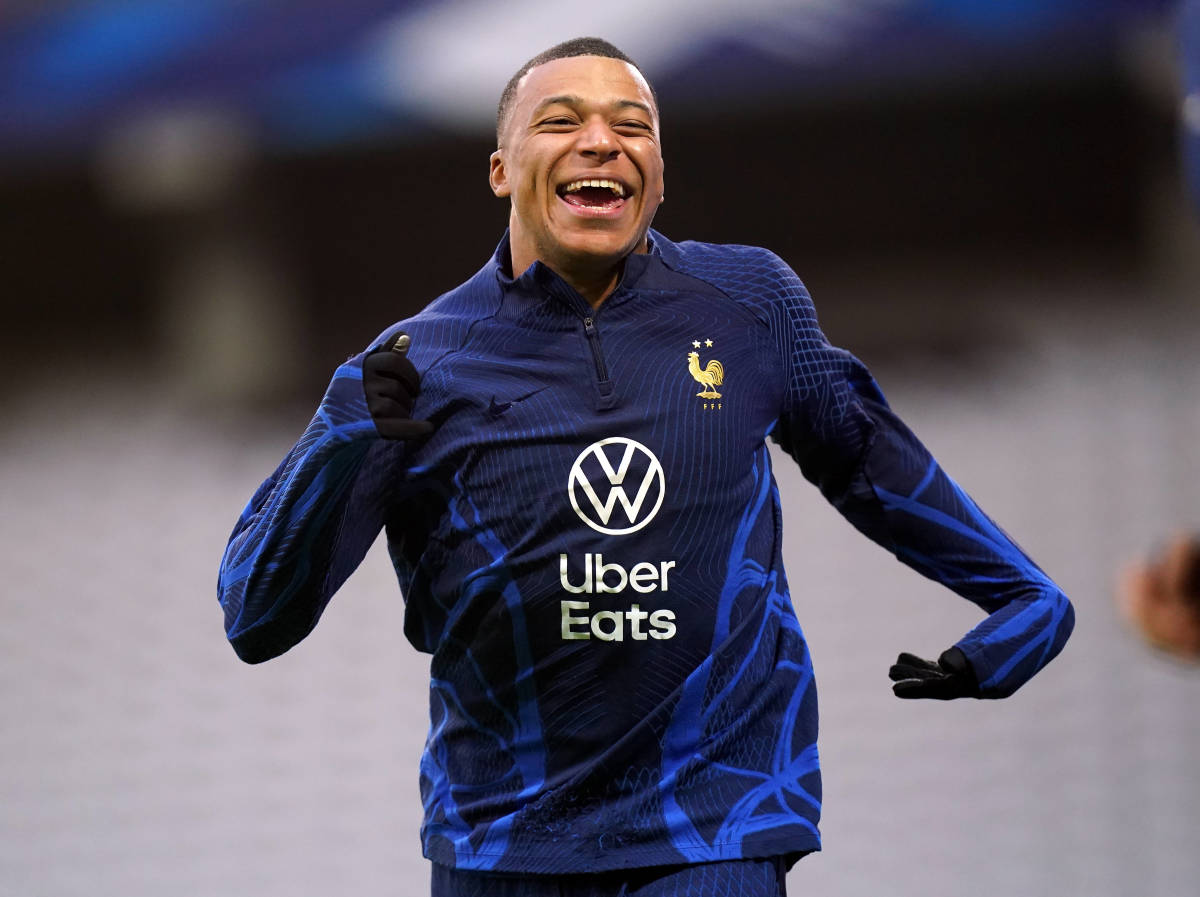 Kylian Mbappe pictured smiling during a training session with the France national team in October 2023