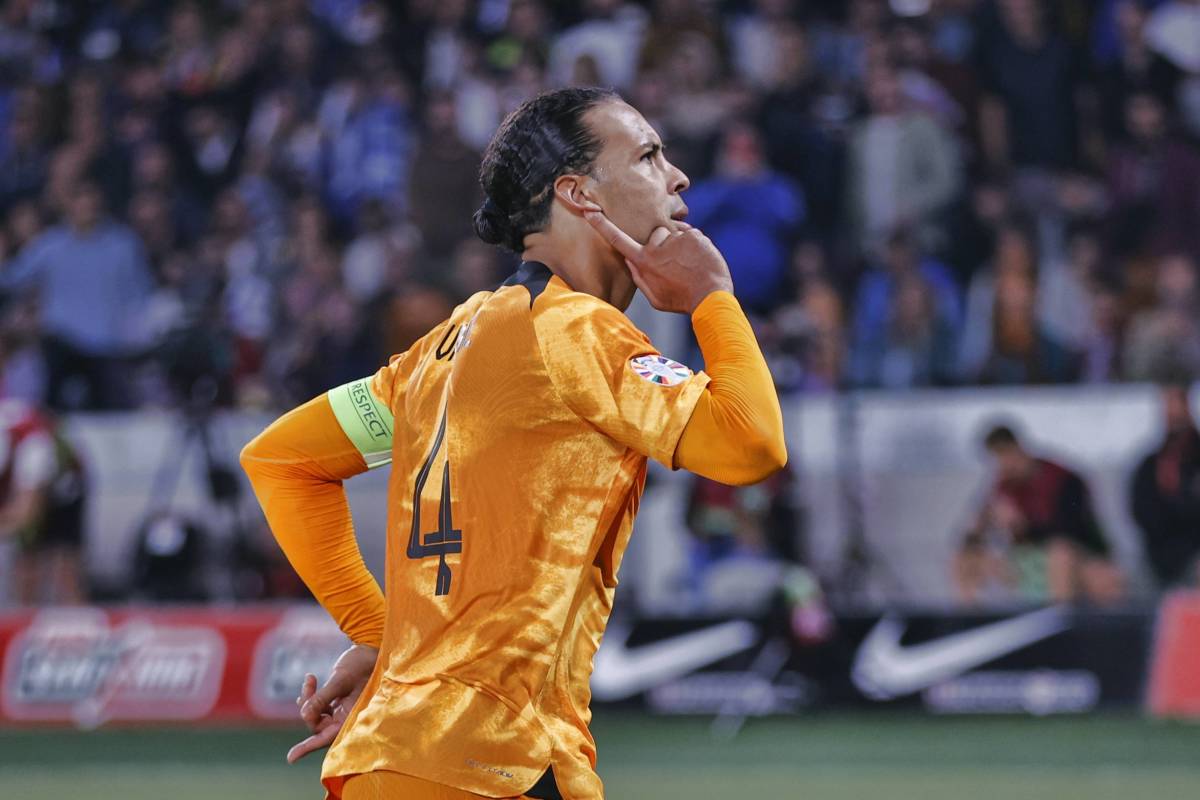 Virgil van Dijk pictured celebrating after scoring a late penalty kick for the Netherlands in a 1-0 win over Greece in October 2023