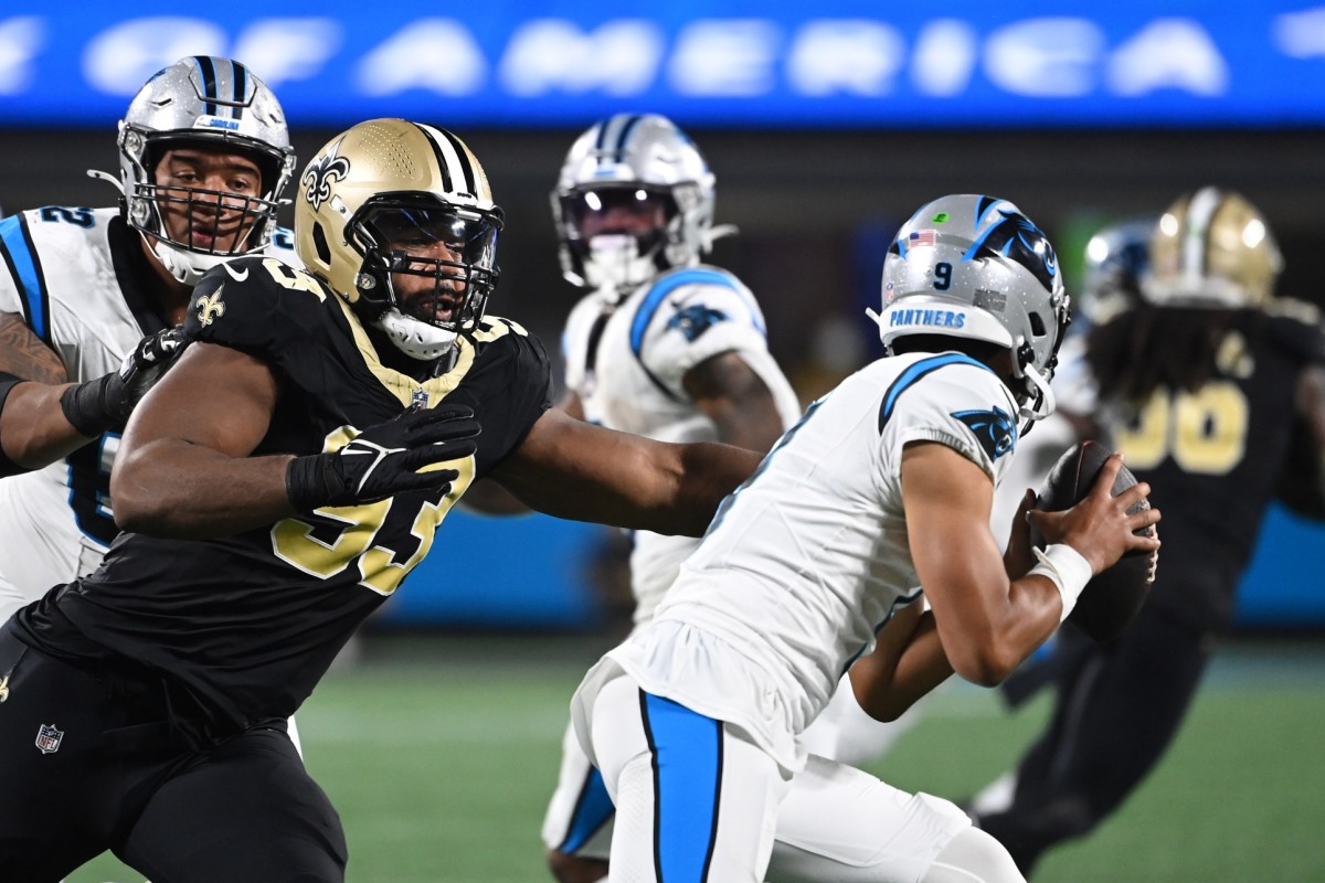 Sep 18, 2023; Carolina Panthers quarterback Bryce Young (9) is sacked by New Orleans Saints defensive tackle Nathan Shepherd (93). Mandatory Credit: Bob Donnan-USA TODAY