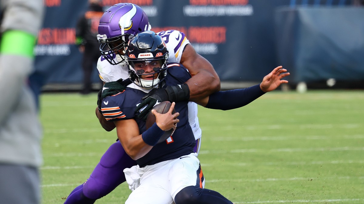 Fields was injured and sacked four times during Sunday’s 19–13 loss to the Vikings.