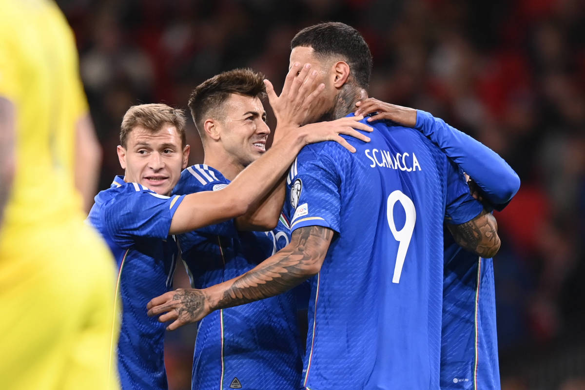 Italy no.9 Gianluca Scamacca pictured celebrating with his teammates after scoring his first international goal during a Euro 2024 qualifier against England at Wembley Stadium in October 2023