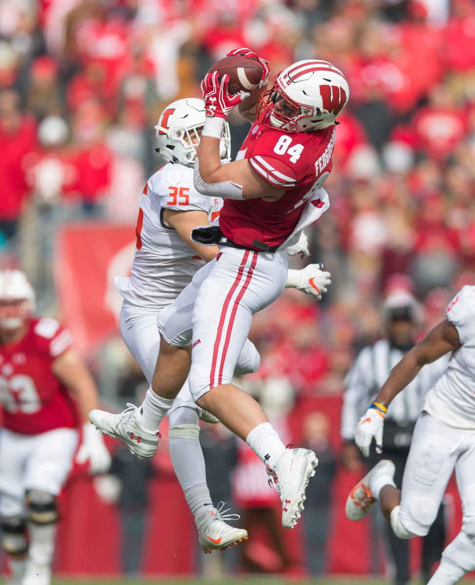 Oct 20, 2018; Madison, WI, USA; Wisconsin Badgers tight end Jake Ferguson (84) during the game against the Illinois Fighting Illini at Camp Randall Stadium. Mandatory Credit: Jeff Hanisch-USA TODAY Sports
