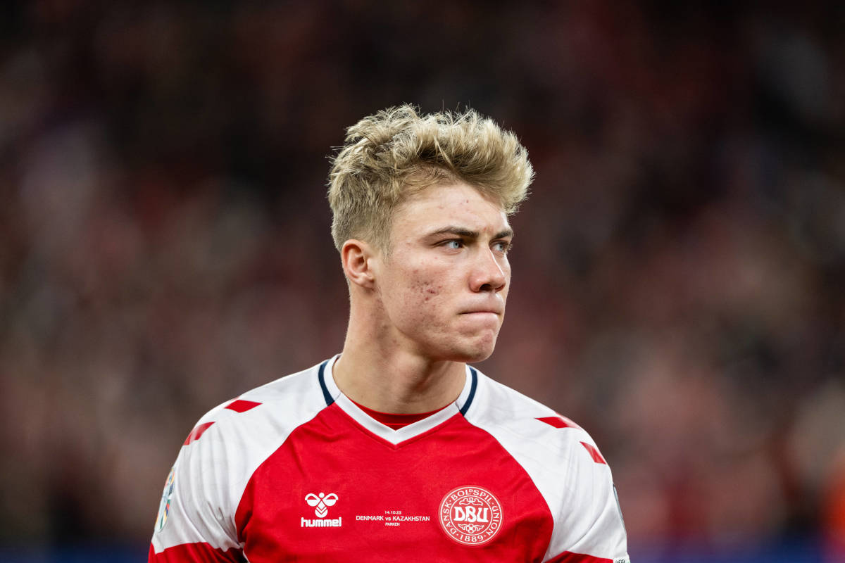 Rasmus Hojlund pictured playing for Denmark in October 2023