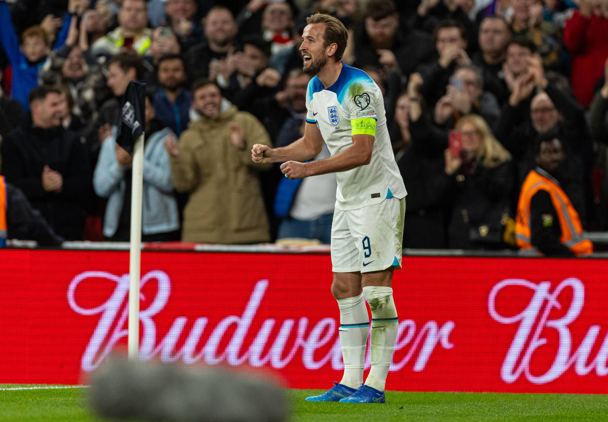 Harry Kane pictured celebrating after scoring his 24th Wembley goal for England in a 3-1 win over Italy in October 2023