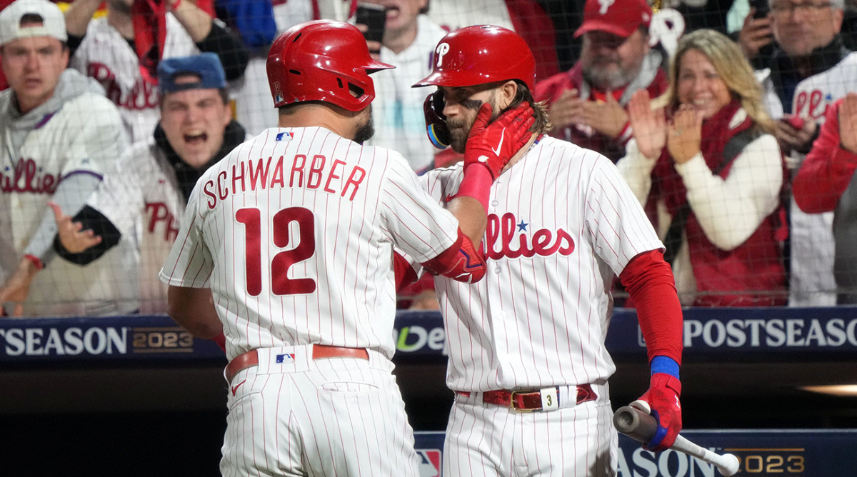 Phillies’ Kyle Scharber, Bryce Harper celebrate Schwarber’s home run in NLCS Game 1 win vs. Diamondbacks.