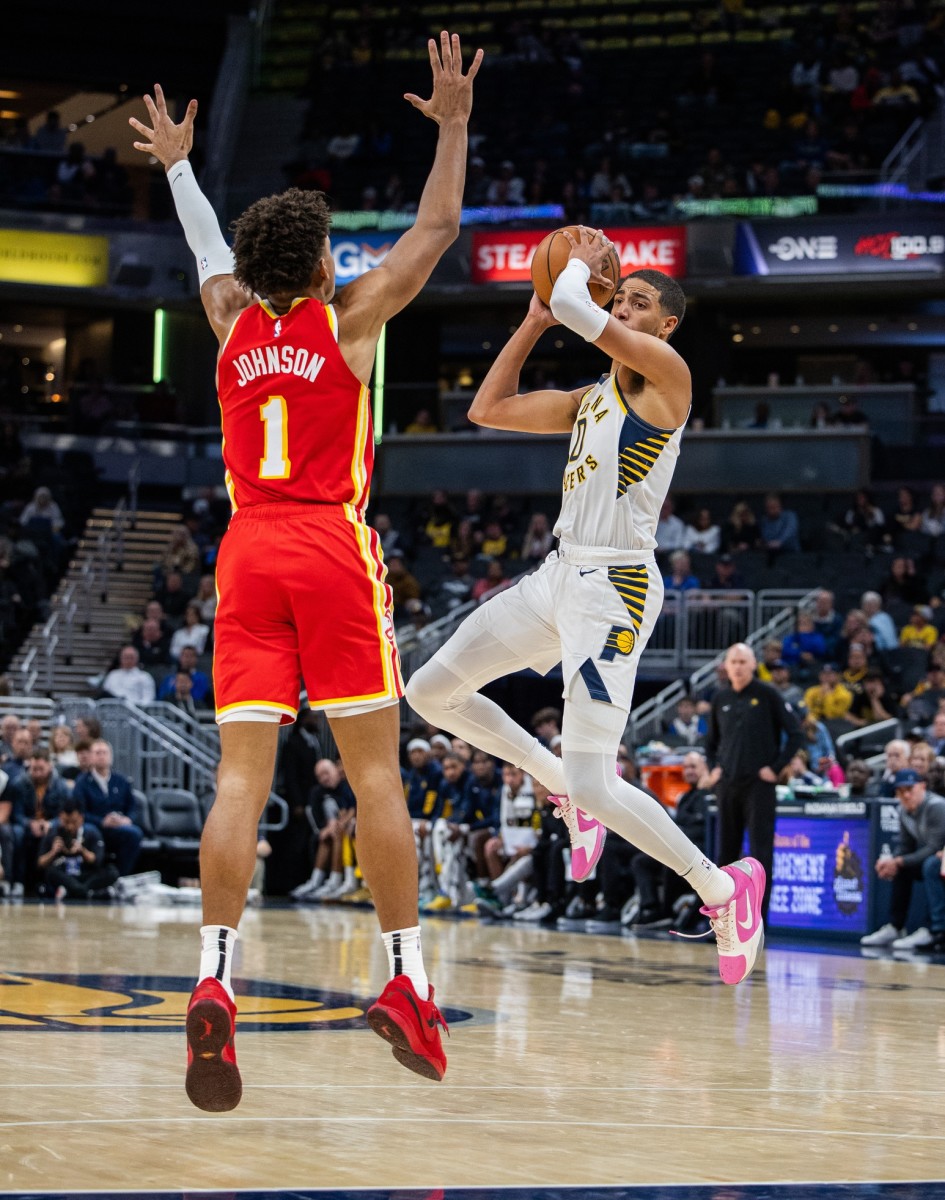 Indiana Pacers guard Tyrese Haliburton passes the ball