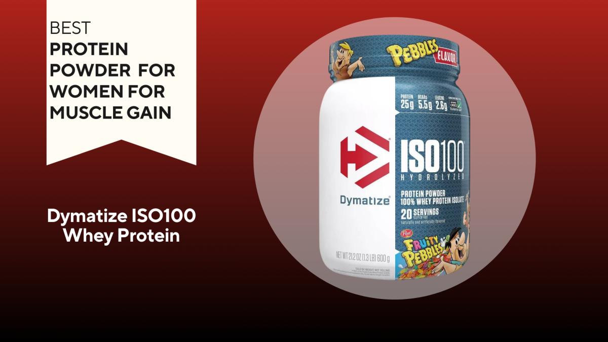 A red background with a white banner reading "Best Protein Powder for Women for Muscle Gain" next to a white and blue-grey container of Dymatize ISO100 whey protein powder in Fruity Pebbles flavor