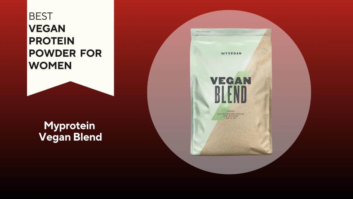 A red background with a white banner reading "Best Vegan Protein Powder for Women" next to a mint and tan colored bag of Myprotein Vegan Blend protein powder in Chocolate flavor