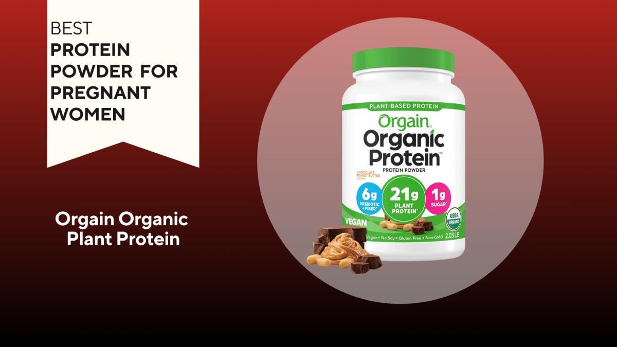 A red background with a white banner reading "Best Protein Powder for Pregnant Women" next to a white and lime green container of Orgain Organic plant protein powder in Chocolate Peanut Butter flavor
