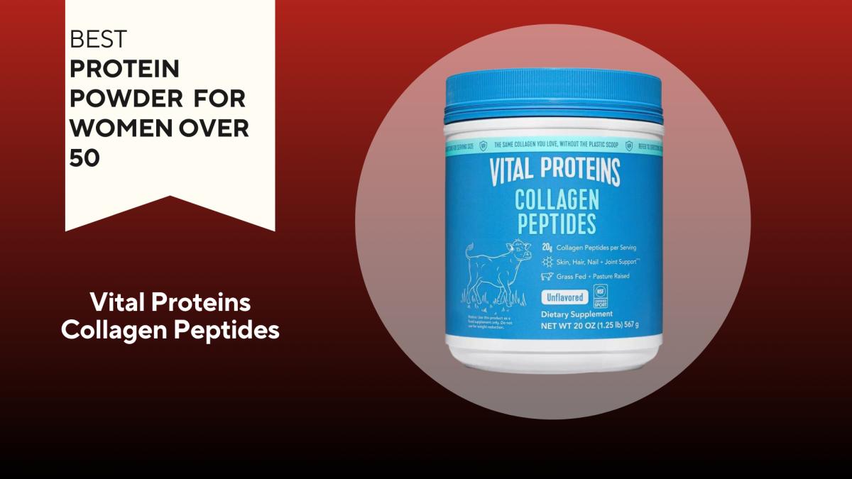 A red background with a white banner reading "Best Protein Powder for Women Over 50" next to a white and turquoise container of unflavored Vital Proteins Collagen Peptides