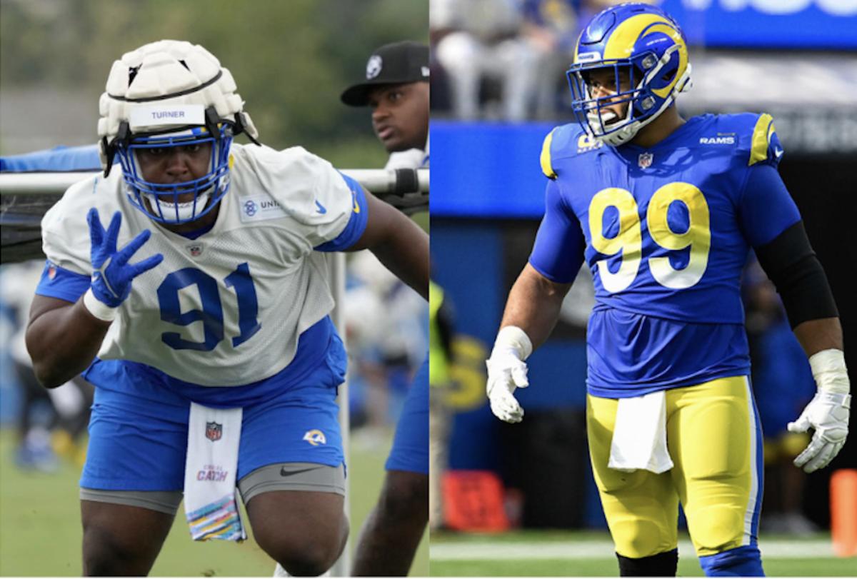 Los Angeles Rams defensive tackles Kobie Turner (91) and Aaron Donald (99).