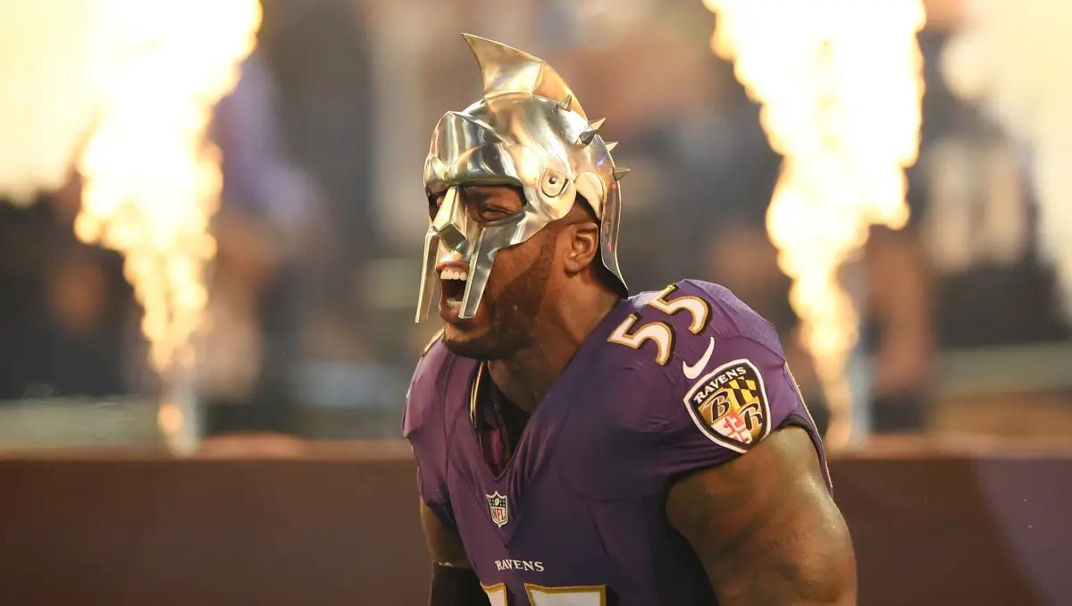 Terrell Suggs was fined $5,512 for violating the the league's uniform code when he wore a gladiator mask during a pre-game introduction. 