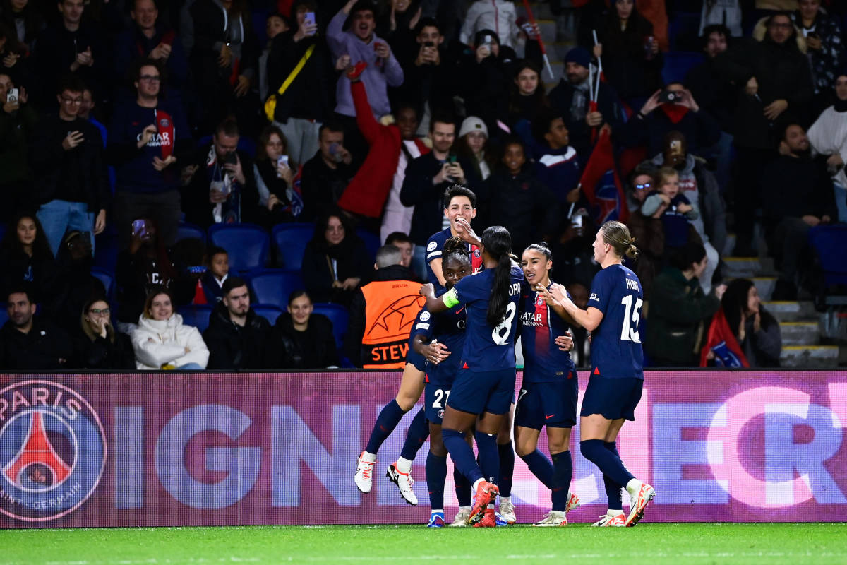 Paris Saint-Germain's players pictured celebrating a goal during a 3-1 win over Manchester United in the UEFA Women's Champions League in October 2023