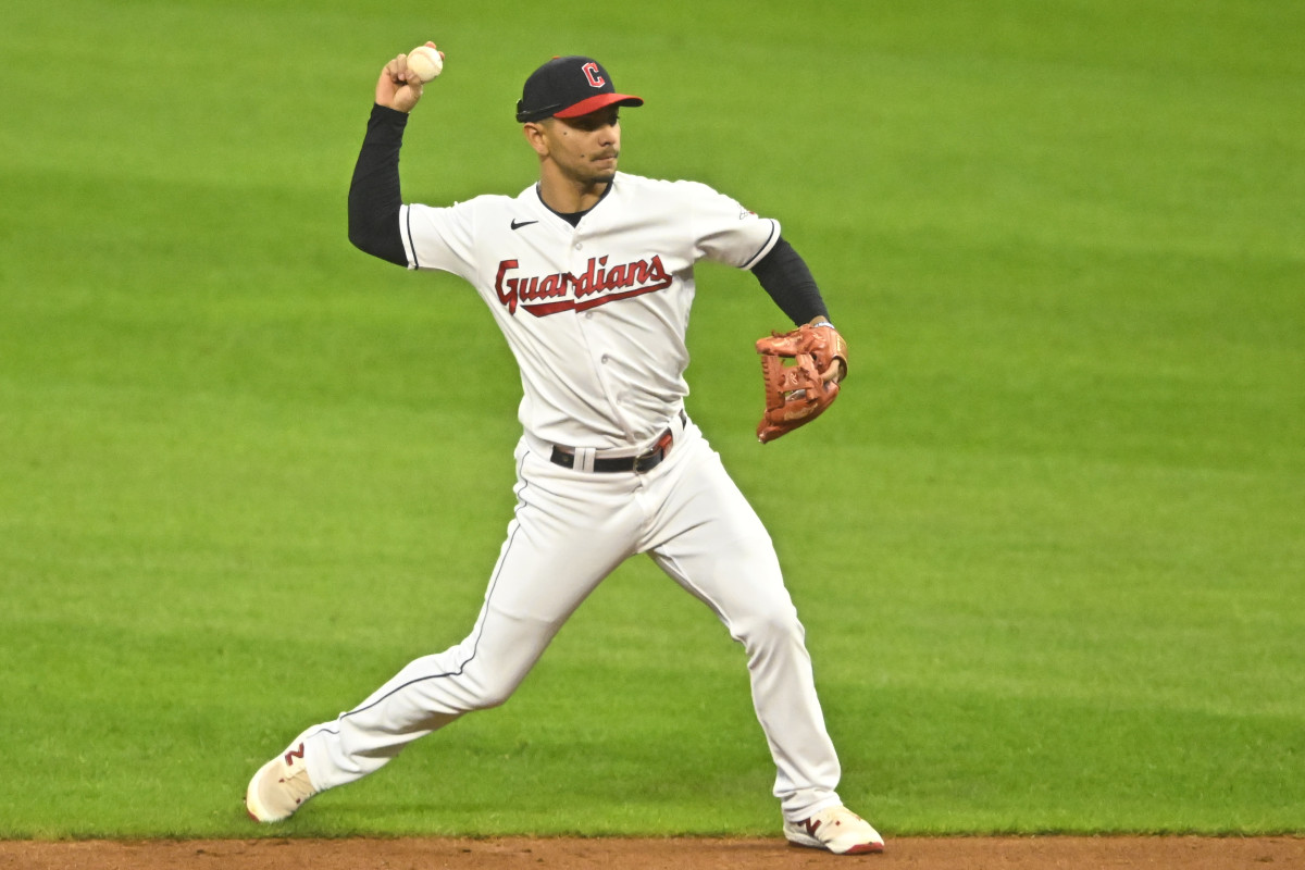 Sep 22, 2023; Cleveland, Ohio, USA; Cleveland Guardians second baseman Andres Gimenez (0) throws to first base in the second inning against the Baltimore Orioles at Progressive Field.