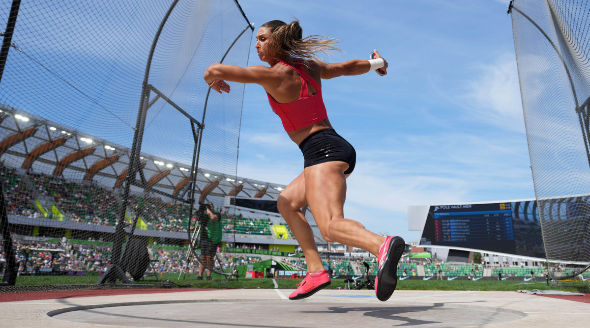 Valarie Allman winds up for a throw in women’s discus during the Prefontaine Classic at Hayward Field.
