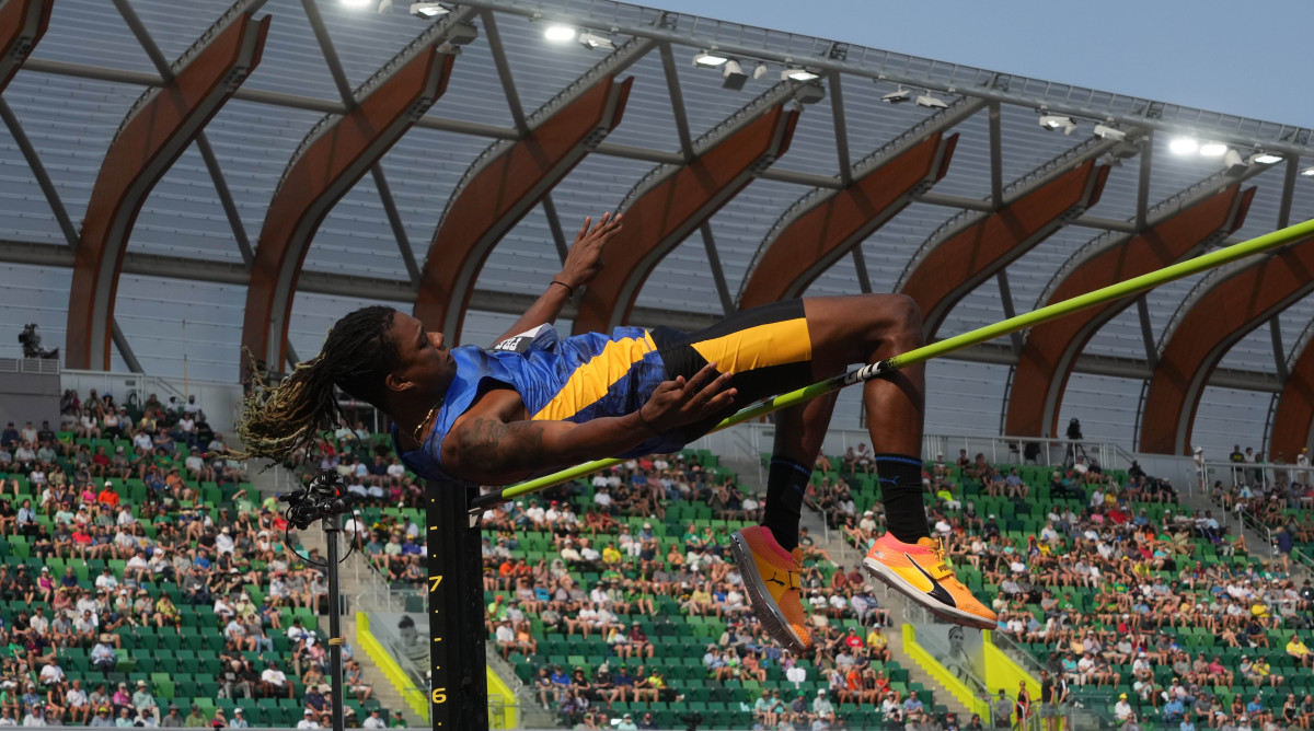 JuVaughn Harrison places third in the high jump at 7-7 3/4(2.33m) during the Prefontaine Classic at Hayward Field.