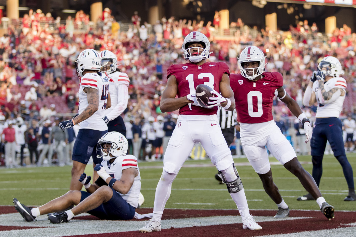 Sep 23, 2023; Stanford, California, USA; Stanford Cardinal wide receiver Elic Ayomanor (13) reacts after scoring a touchdown against the Arizona Wildcats during the third quarter at Stanford Stadium. Mandatory Credit: John Hefti-USA TODAY Sports
