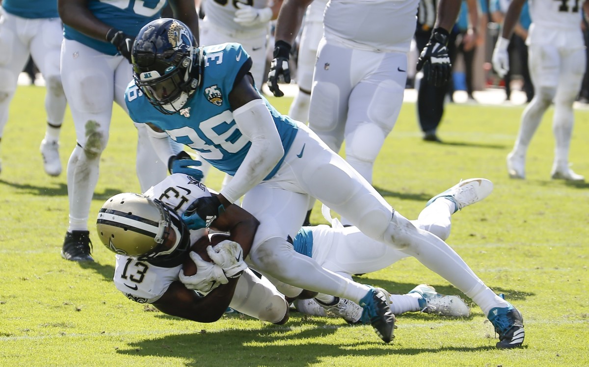 Oct 13, 2019; New Orleans Saints wide receiver Michael Thomas (13) catches a pass against the Jacksonville Jaguars. Mandatory Credit: Reinhold Matay-USA TODAY Sports