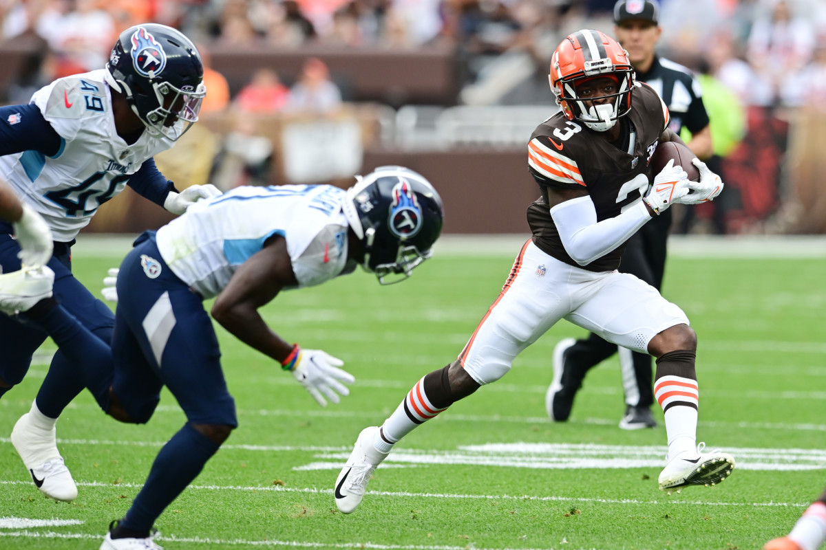 Sep 24, 2023; Cleveland, Ohio, USA; Cleveland Browns wide receiver Marquise Goodwin (3) runs with the ball during the first half against the Tennessee Titans at Cleveland Browns Stadium.