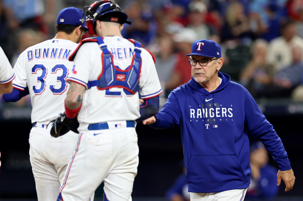 Texas Rangers manager Bruce Bochy removes pitcher Dane Dunning during the fourth inning in Game 4 of the ALCS against the Houston Astros Thursday at Globe Life Field.