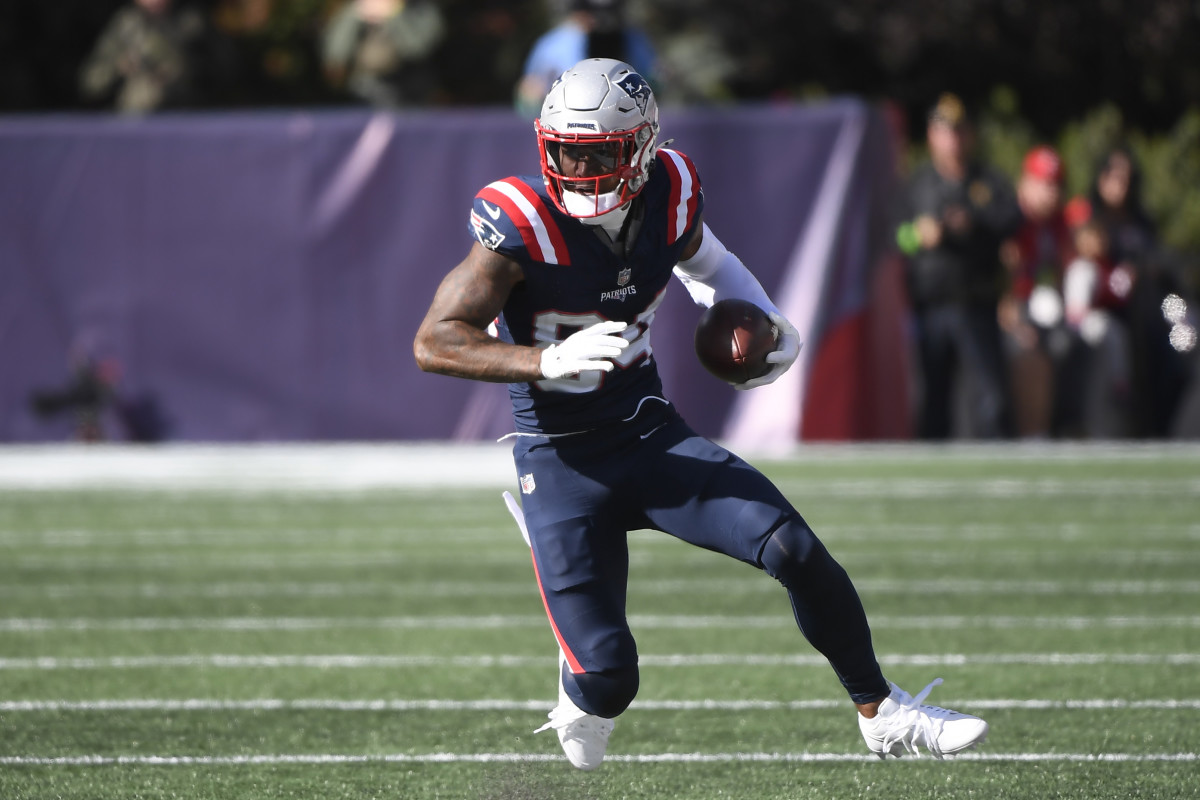 Oct 8, 2023; Foxborough, Massachusetts, USA; New England Patriots wide receiver Kendrick Bourne (84) runs with the ball during the second half against the New Orleans Saints at Gillette Stadium.