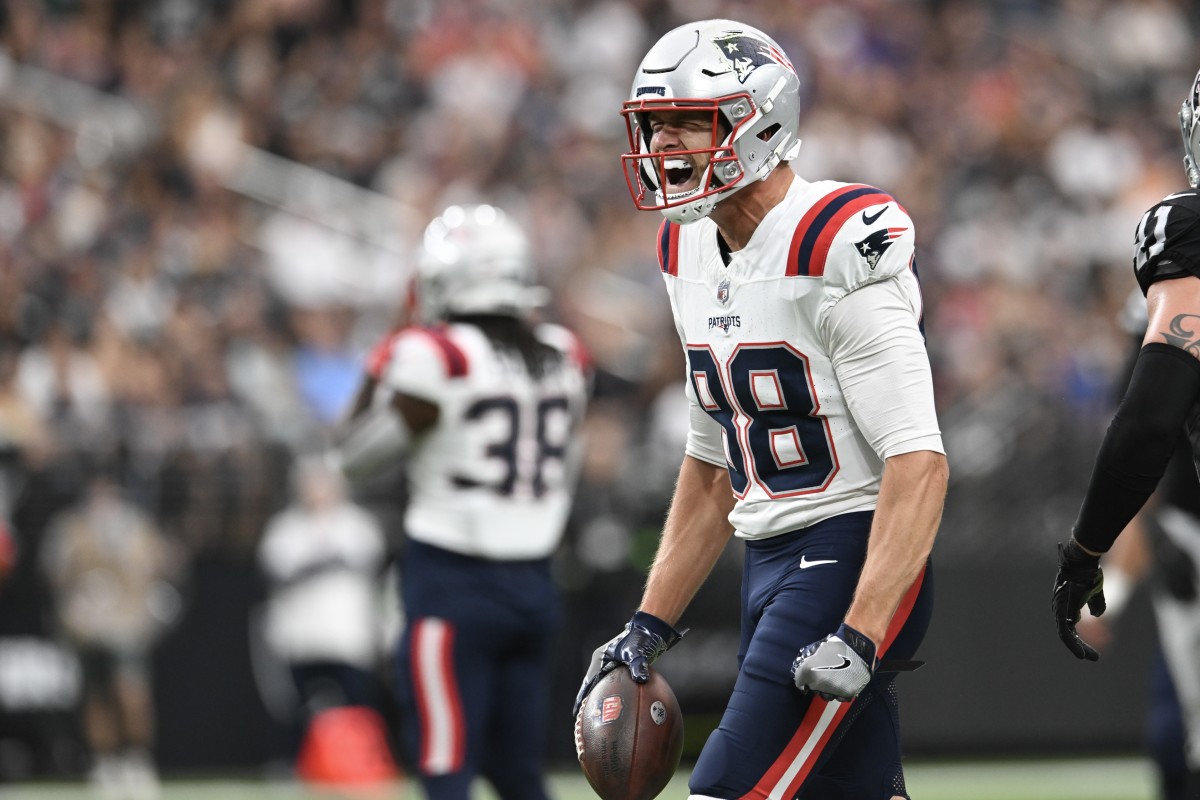 Oct 15, 2023; Paradise, Nevada, USA; New England Patriots tight end Mike Gesicki (88) reacts to a play against the Las Vegas Raiders in the second quarter at Allegiant Stadium. Mandatory Credit: Candice Ward-USA TODAY Sports  