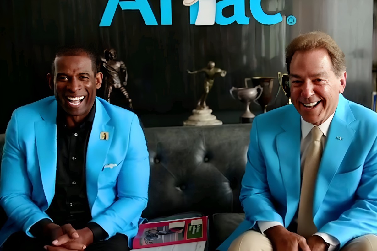 Deion Sanders and Nick Saban on set of Aflac commercial