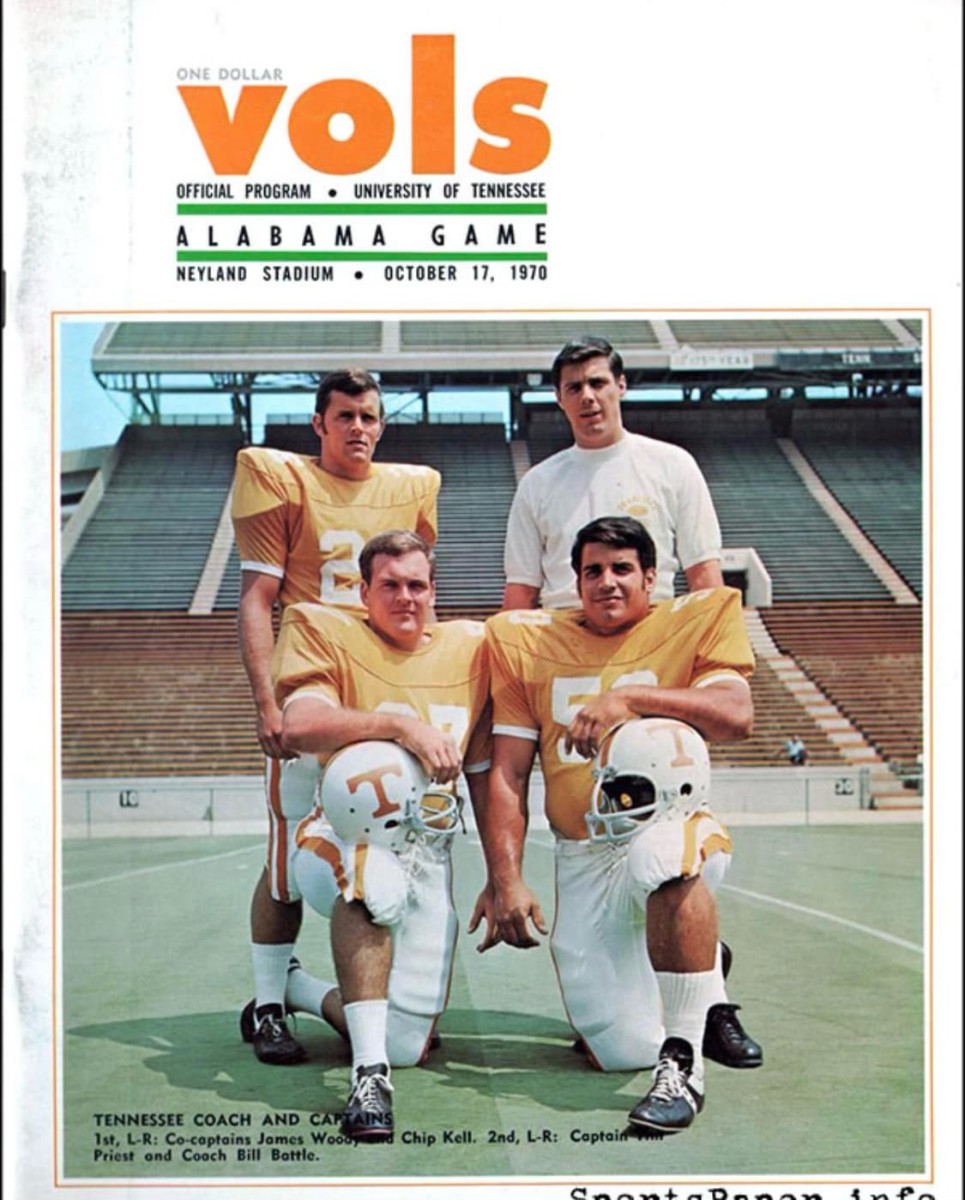 A Tennessee program depicting then-head coach Bill Battle with his players. On Battle's right is Tim Priest, who had three of the eight interceptions forced by the Volunteers against Alabama.