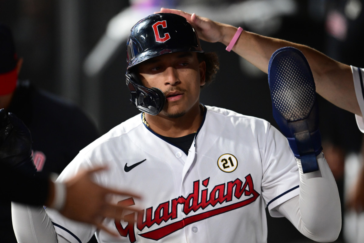 Sep 15, 2023; Cleveland, Ohio, USA; Cleveland Guardians catcher Bo Naylor (23) celebrates after scoring during the sixth inning against the Texas Rangers at Progressive Field.