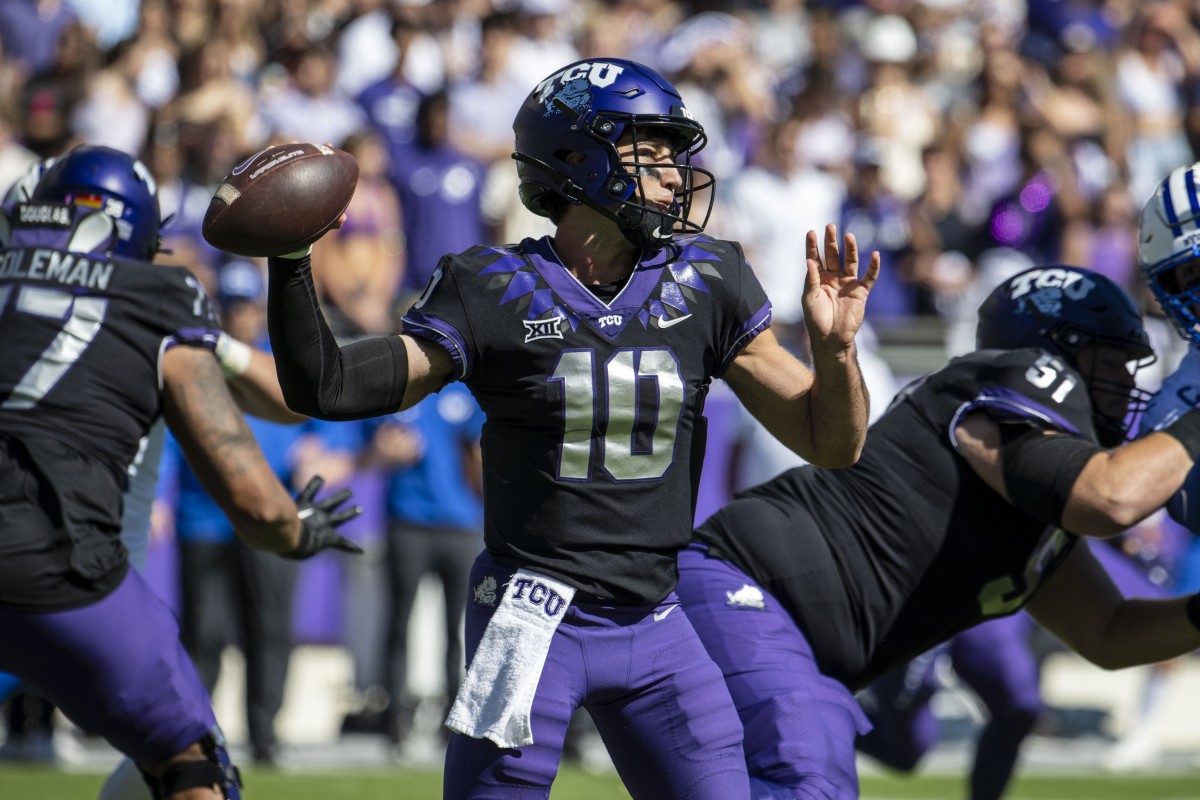 Oct 14, 2023; Fort Worth, Texas, USA; TCU Horned Frogs quarterback Josh Hoover (10) passes against the Brigham Young Cougars during the game at Amon G. Carter Stadium.