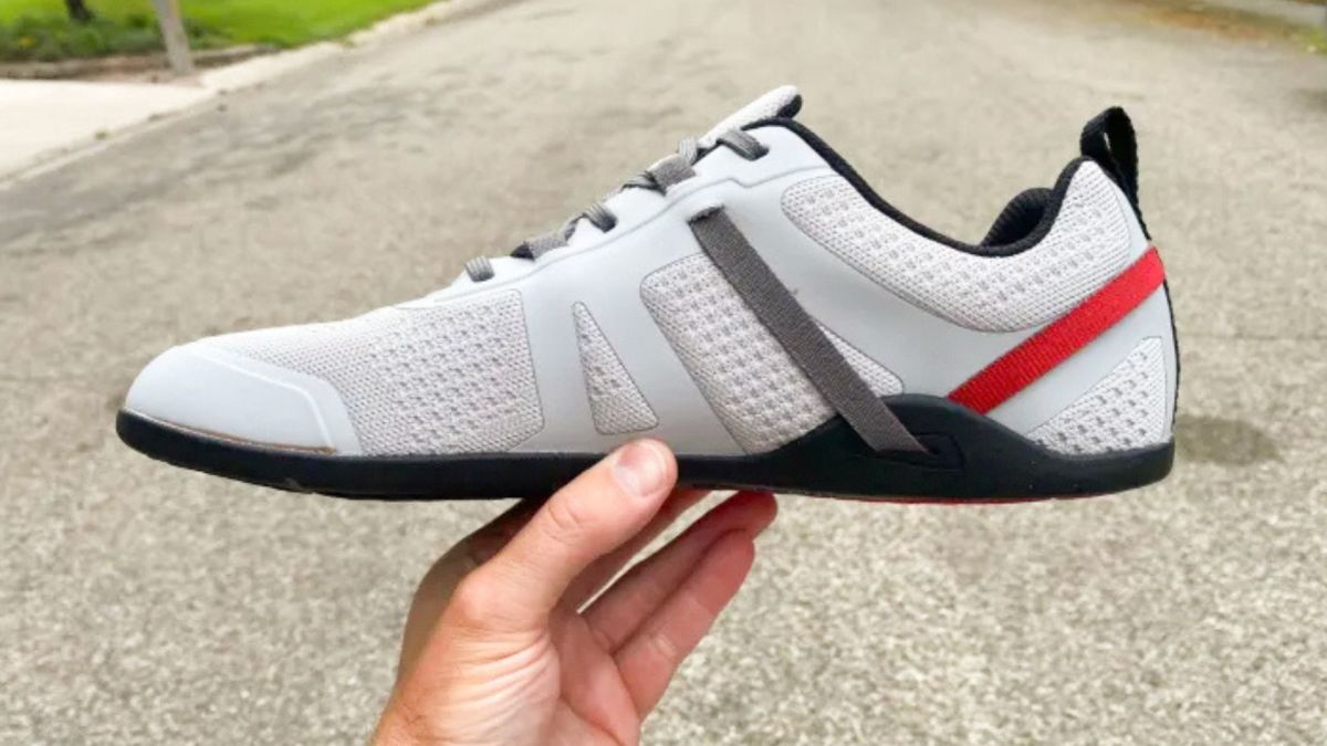 Close up image of a person holding the Xero Prio Neo Shoe in light grey with a red stripe