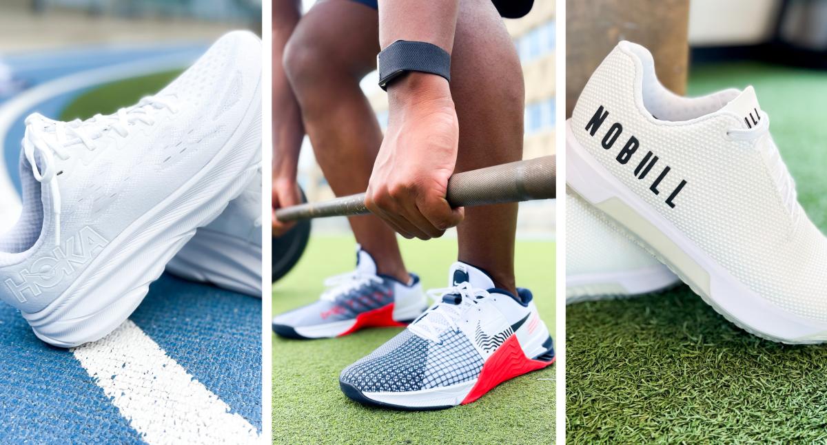 Close up image of Hoka Clifton 9 shoes in white resting on outdoor track, colorful Nike Metcon 9 shoes on man powerlifting, and NoBull Trainer+ Shoes in all white.