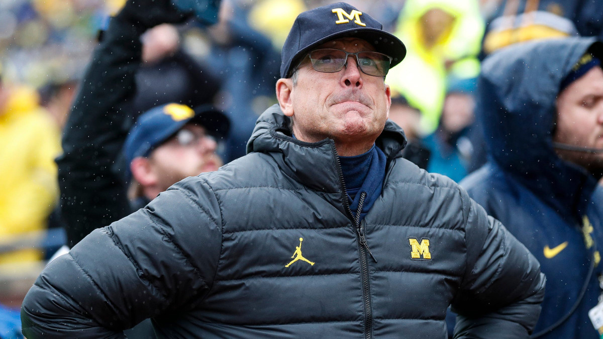 Jim Harbaugh looks on from the sidelines during Michigan’s game against Indiana.