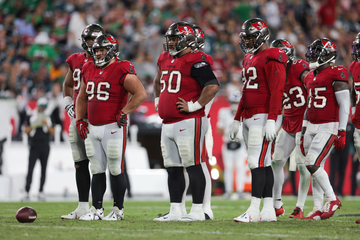Sep 25, 2023; Tampa, Florida, USA; Tampa Bay Buccaneers defensive tackle Vita Vea (50) defensive tackle Greg Gaines (96) and defensive end William Gholston (92) line up against the Philadelphia Eagles in the fourth quarter at Raymond James Stadium.