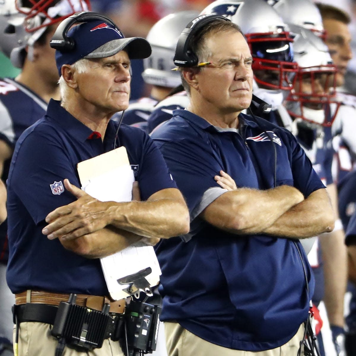 New England Patriots Coaches Dante Scarnecchia (left) and Bill Belichick