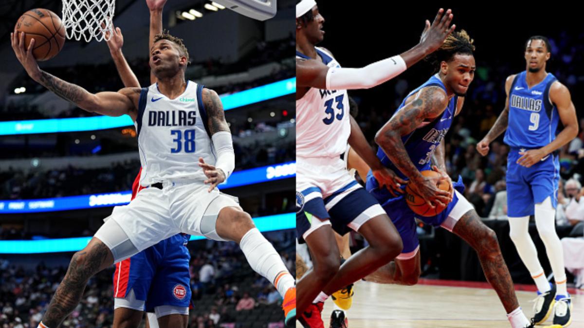 Dexter Dennis (left) and Greg Brown III (right) playing during the Dallas Mavericks' preseason games.