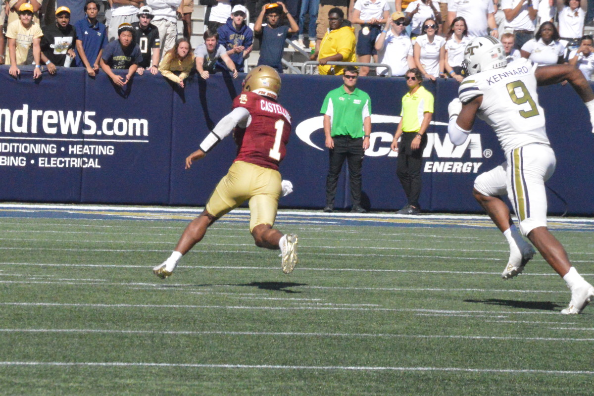 Boston College quarterback Thomas Castellanos runs for a touchdown