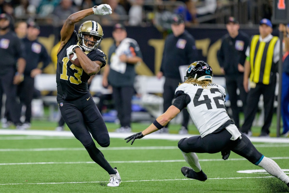 Oct 19, 2023; New Orleans Saints wide receiver Michael Thomas (13) runs after a reception against the Jacksonville Jaguars. Mandatory Credit: Matthew Hinton-USA TODAY Sports
