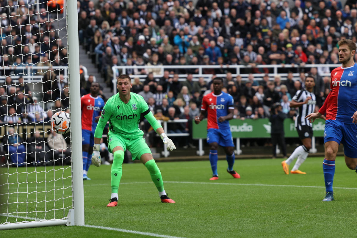 Crystal Palace keeper Sam Johnstone pictured looking on helplessly after being beaten by a stunning lob from Newcastle winger Jacob Murphy (second from right) in an EPL game in October 2023