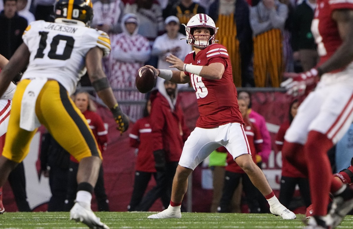 Oct 14, 2023; Madison, Wisconsin, USA; Wisconsin Badgers quarterback Braedyn Locke (18) throws against the Iowa Hawkeyes during the fourth quarter at Camp Randall Stadium. Mandatory Credit: Mark Hoffman-USA TODAY Sports