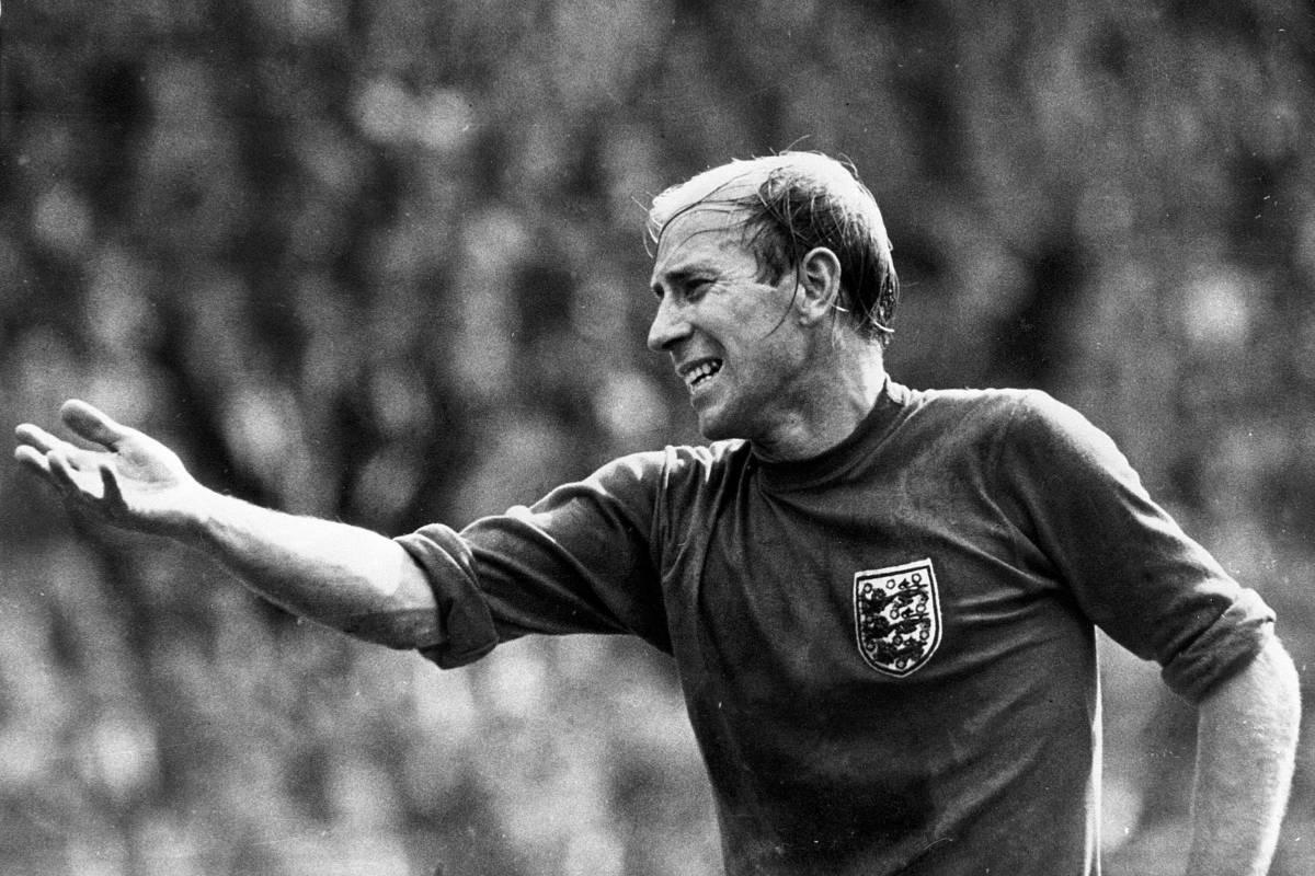 Bobby Charlton pictured playing for England in 1966
